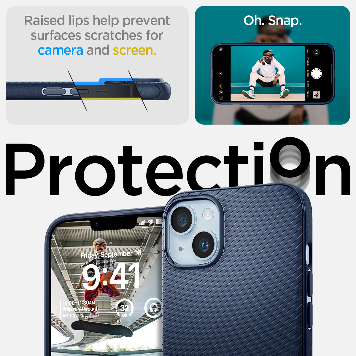 ACS04919 - iPhone 14 Plus Case Mag Armor (MagFit) in navy blue raised lips help prevent surfaces scratches for camera and screen. Oh snap. Protection.