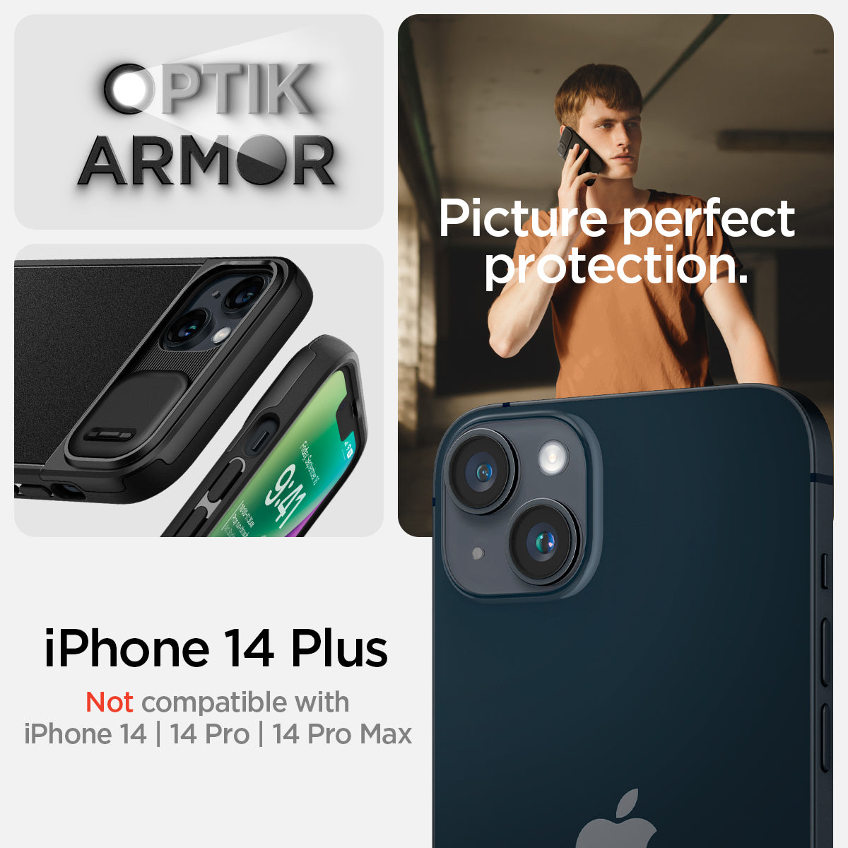 ACS04923 - iPhone 14 Plus Case Optik Armor (MagFit) in black iPhone 14 plus. Not compatible with iPhone 14, 14 pro max, 14 pro. Optik armor. Picture perfect protection.