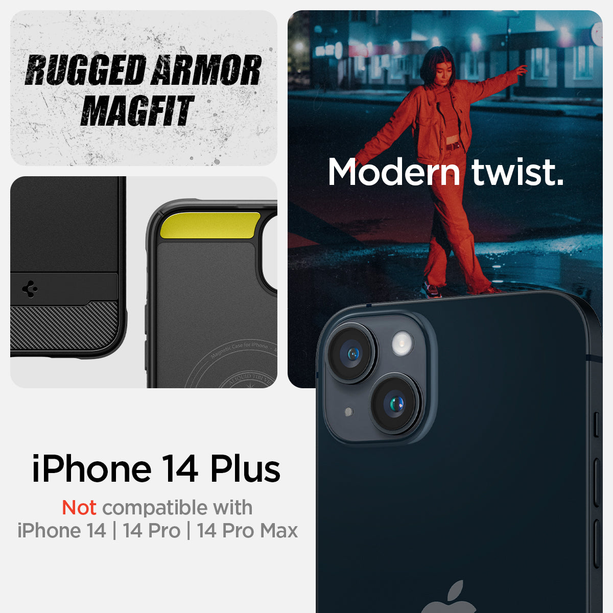 ACS04890 - iPhone 14 Plus Case Rugged Armor (MagFit) in matte black showing rugged armor magfit. Modern twist. iPhone 14 plus not compatible with iPhone 14, 14pro, 14 pro max.