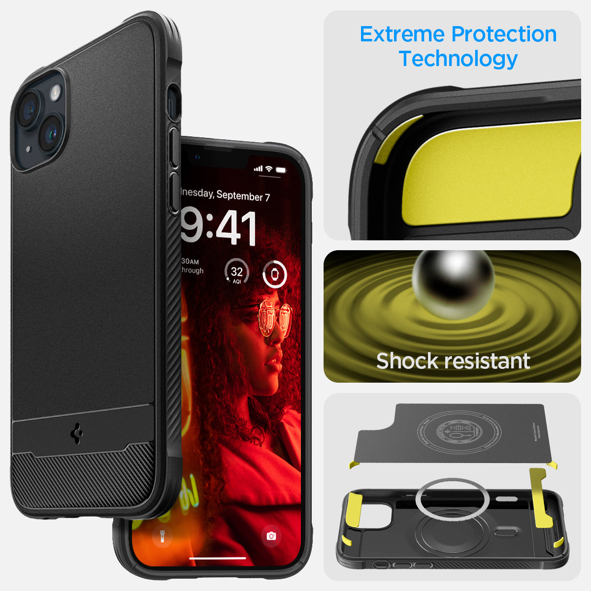 ACS04890 - iPhone 14 Plus Case Rugged Armor (MagFit) in matte black showing shock resist. Extreme protection technology.
