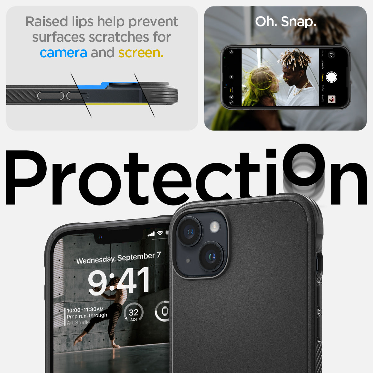 ACS04890 - iPhone 14 Plus Case Rugged Armor (MagFit) in matte black showing raised lips help prevent surfaces scratches for camera and screen. Protection. oh snap.