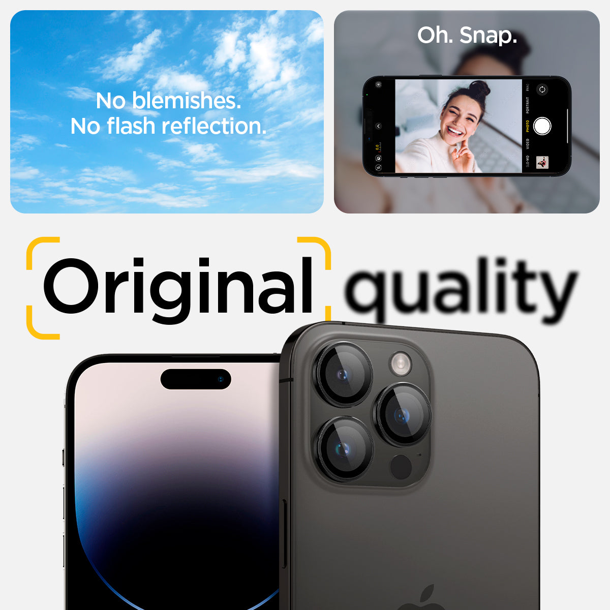AGL05205 - iPhone 14 Pro / 14 Pro Max Optik Pro Lens Protector in black  showing the no blemishes, no flash reflection oh, snap, original quality.