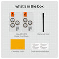 AGL05598 - iPhone 14 Pro / 14 Pro Max Optik Pro Lens Protector in gold what's in the box. Glas.tR EZFit Optik pro 2 pack, removal tool, cleaning cloth, dust removal sticker.