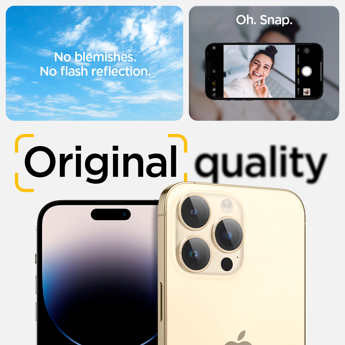 AGL05598 - iPhone 14 Pro / 14 Pro Max Optik Pro Lens Protector in gold showing the no blemishes, no flash reflection oh, snap, original quality.