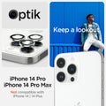 AGL05599 - iPhone 14 Pro / 14 Pro Max Optik Pro Lens Protector in silver  keep a lookout showing the compatibility only with iPhone 14 pro, 14 pro max. Not compatible with iPhone 14, 14 plus.