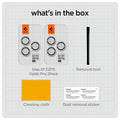 AGL05599 - iPhone 14 Pro / 14 Pro Max Optik Pro Lens Protector in silver what's in the box. Glas.tR EZFit Optik pro 2 pack, removal tool, cleaning cloth, dust removal sticker.
