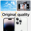 AGL05599 - iPhone 14 Pro / 14 Pro Max Optik Pro Lens Protector in silver showing the no blemishes, no flash reflection oh, snap, original quality.
