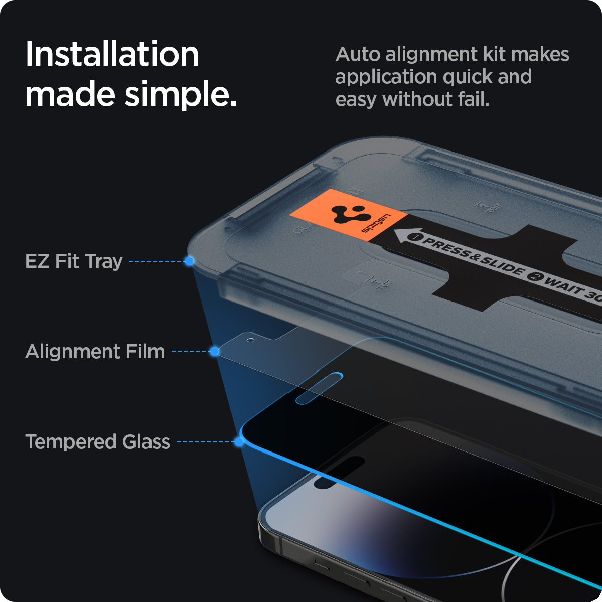 AGL05215 - iPhone 14 Pro Screen Protector EZ FIT GLAS.tR Privacy showing installation made simple. Auto alignment kit makes application quick and easy without fail. EZ fit tray, Alignment film, tempered glass.