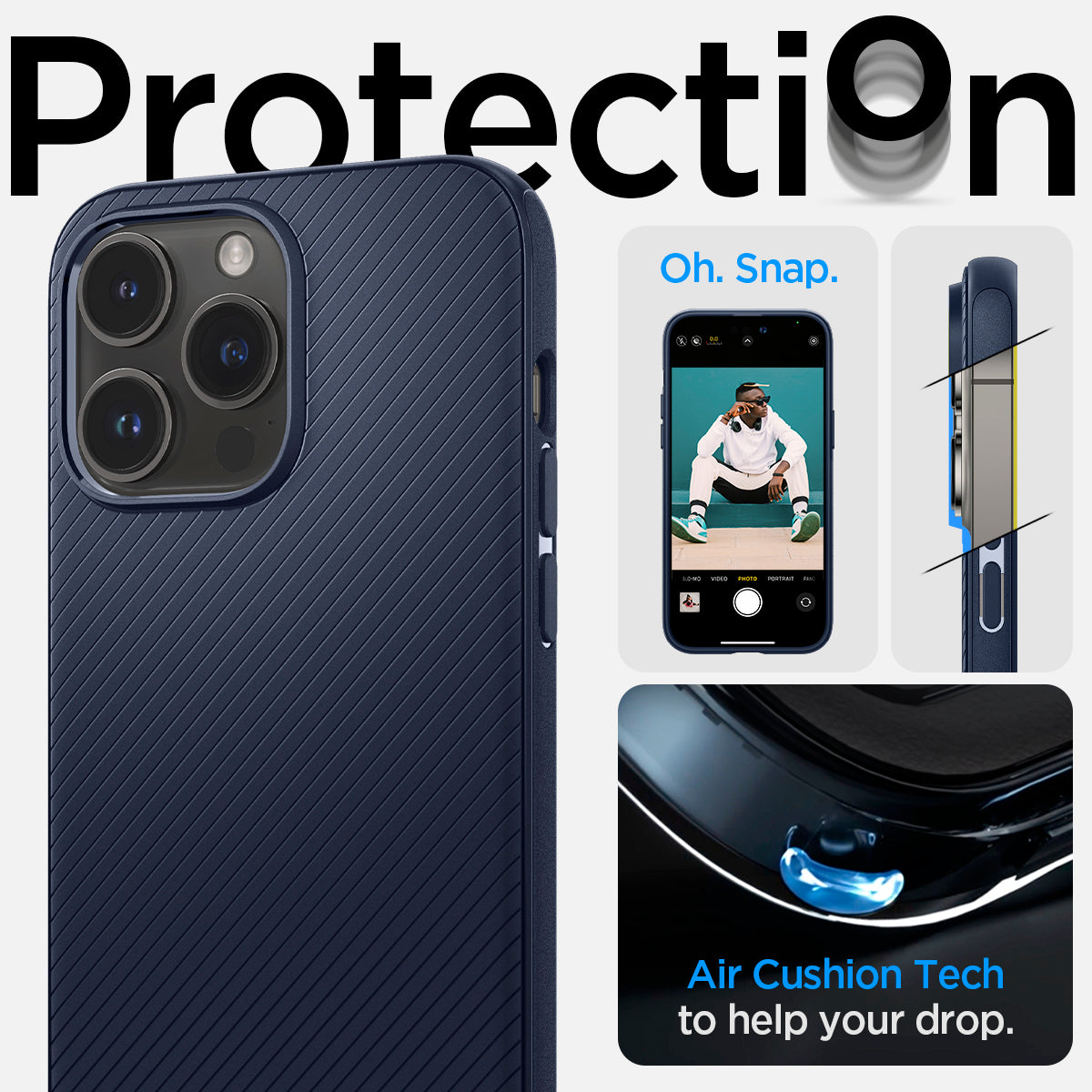 ACS04990 - iPhone 14 Pro Case Mag Armor (MagFit) in navy blue showing protection. Oh snap. Air cushion tech to fight against drops.