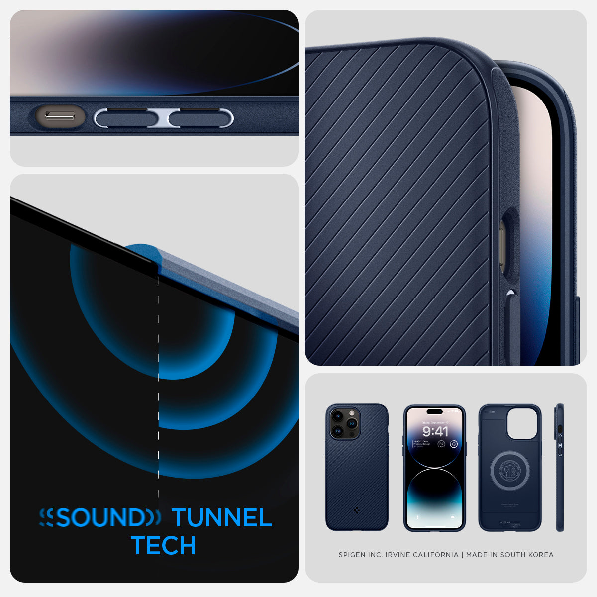 ACS04990 - iPhone 14 Pro Case Mag Armor (MagFit) in navy blue showing sound tunnel tech