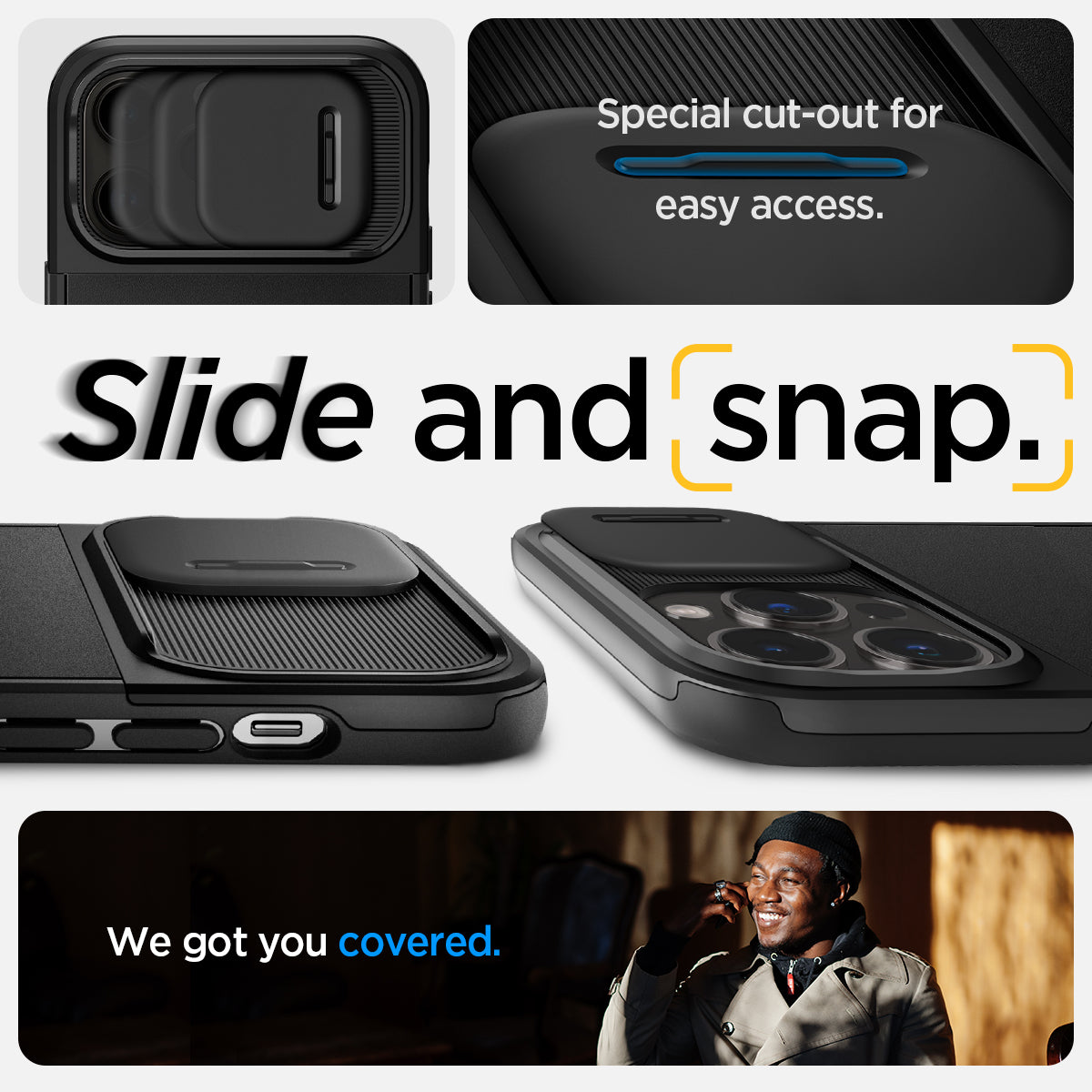 ACS04993 - iPhone 14 Pro Case Optik Armor (MagFit) in black showing special cut out for easy access. Slide and snap. we got you covered.