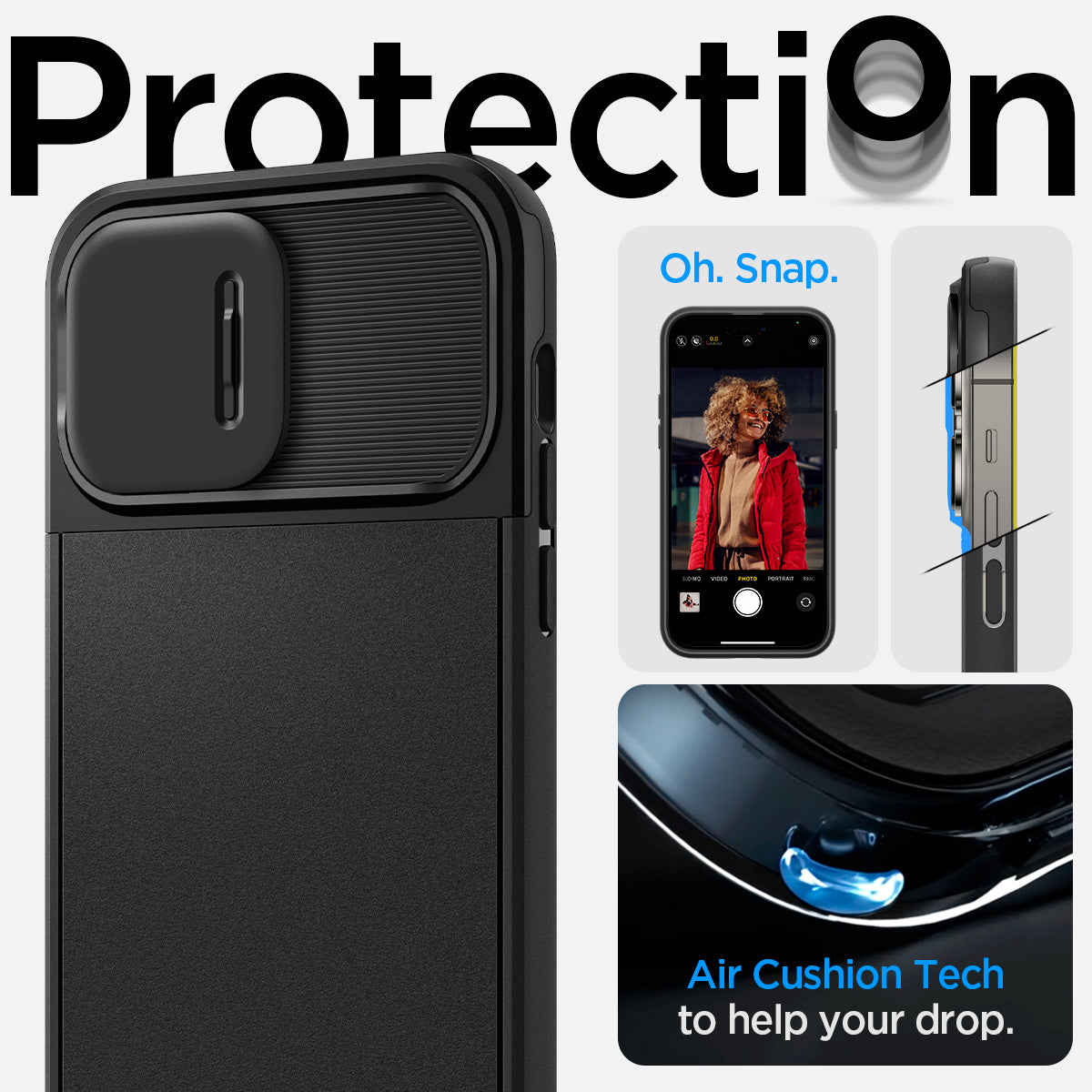 ACS04993 - iPhone 14 Pro Case Optik Armor (MagFit) in black showing protection. Aircushion tech to help your drop.