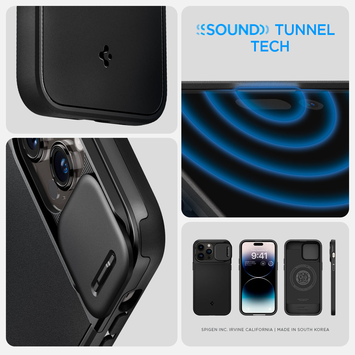 ACS04993 - iPhone 14 Pro Case Optik Armor (MagFit) in black showing sound tunnel tech.