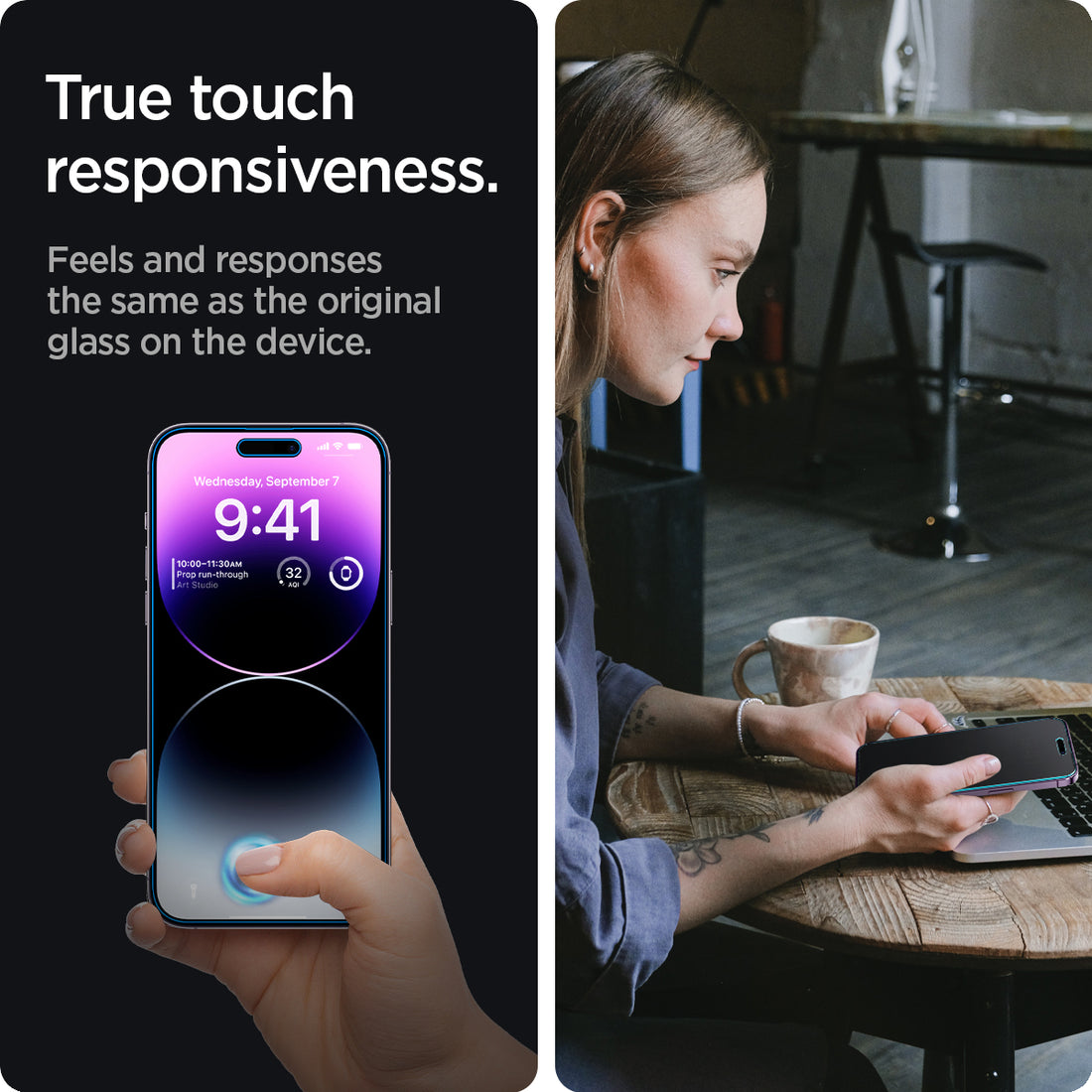 AGL05203 - iPhone 14 Pro Max Screen Protector EZ FIT GLAS.tR Privacy showing the device, two screen protectors, and ez fit tray