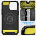 ACS04812 - iPhone 14 Pro Max Case Rugged Armor (MagFit) in matte black showing shock resist. Extreme protection technology.