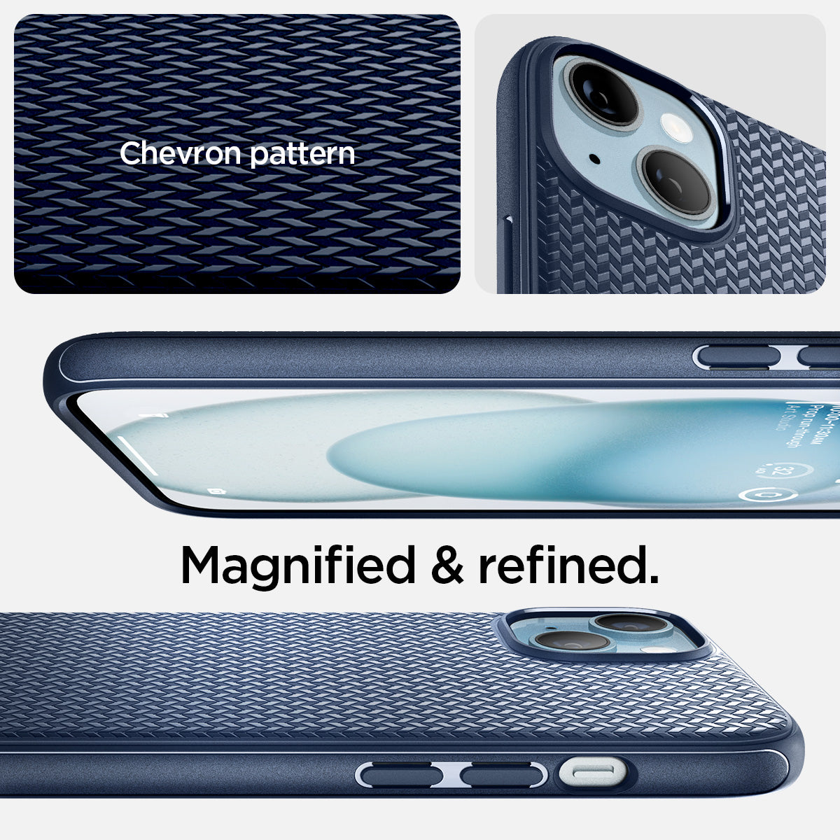 ACS06816 - iPhone 15 Case Mag Armor (MagFit) in navy blue  chevron pattern. Magnified and refined.