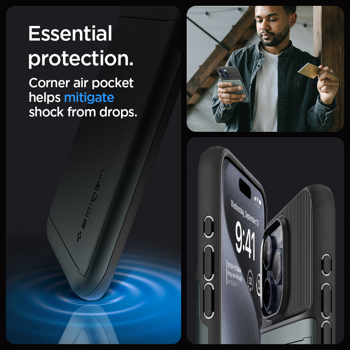 ACS06731 - iPhone 15 Pro Case Slim Armor CS in abyss green essential protection. corner air pocket helps mitigate shock from drops.