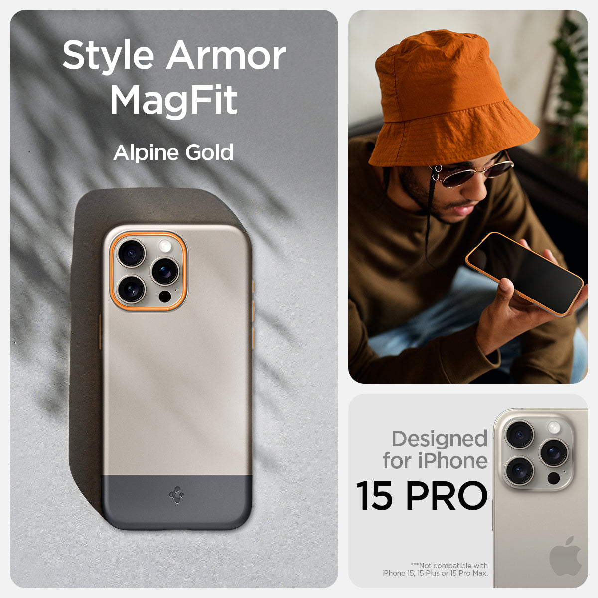 ACS06746 - iPhone 15 Pro Case Style Armor (MagFit) in alpine gold style armor magfit. rose gold. Designed for iPhone 15 pro.