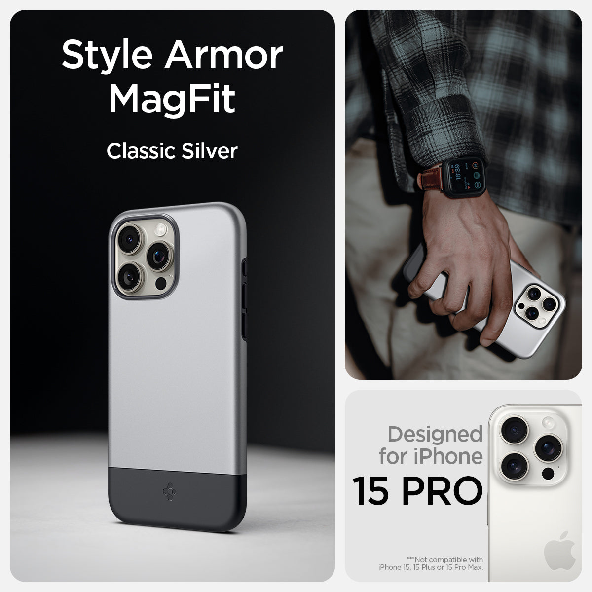 ACS06748 - iPhone 15 Pro Case Style Armor (MagFit) in classic silver style armor magfit. rose gold. Designed for iPhone 15 pro.