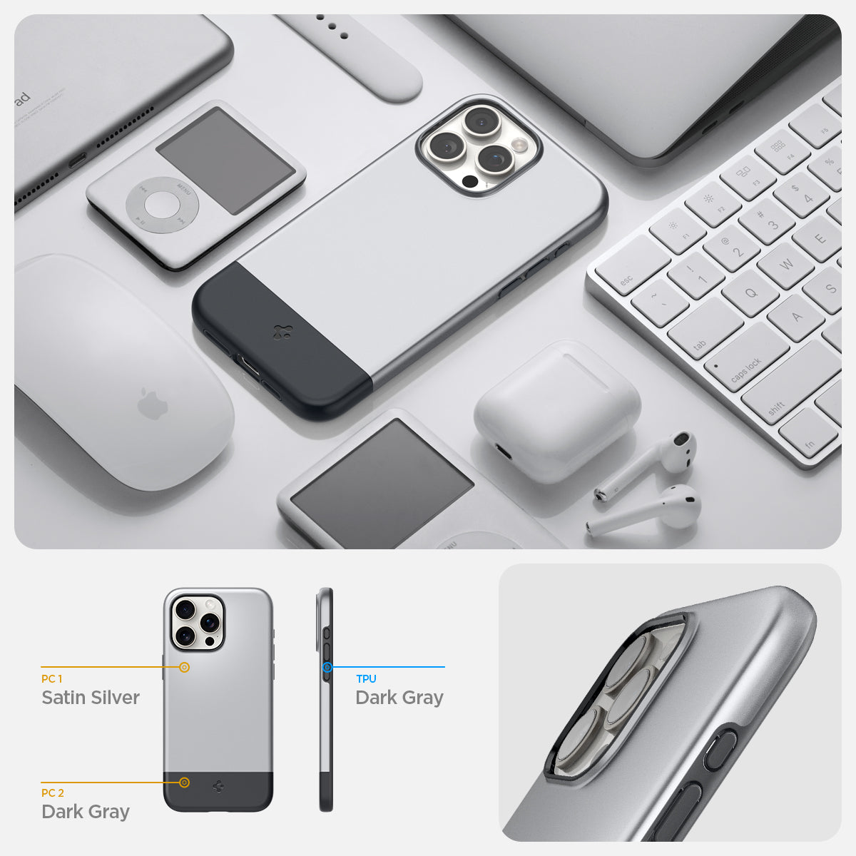 ACS06748 - iPhone 15 Pro Case Style Armor (MagFit) in classic silver PC 1 satin silver, PC 2 dark gray, TPU dark gray.