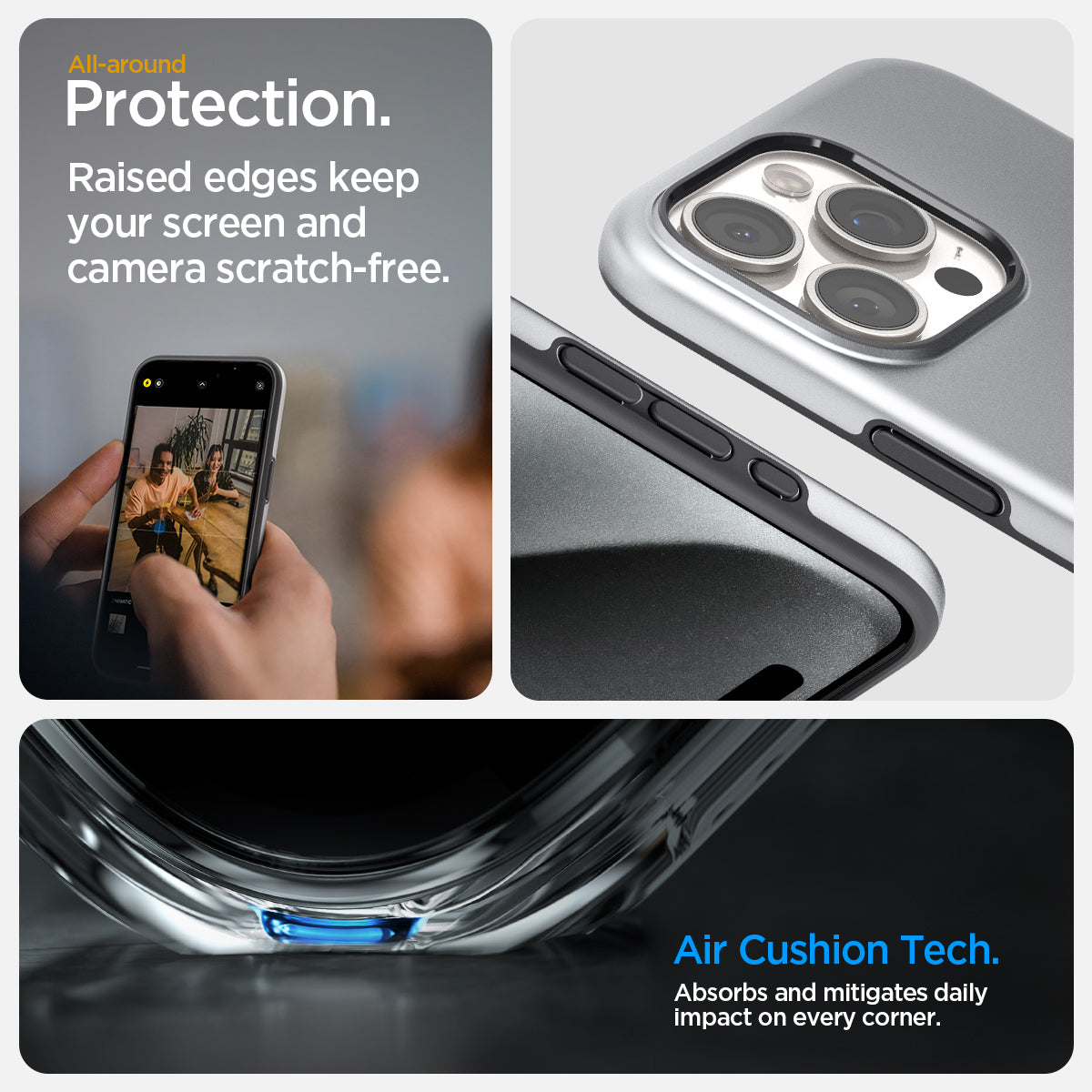 ACS06748 - iPhone 15 Pro Case Style Armor (MagFit) in classic silver all around protection. raised edges keep your screen and camera scratch free. Air cushion tech. absorbs and mitigates daily impact on every corner.