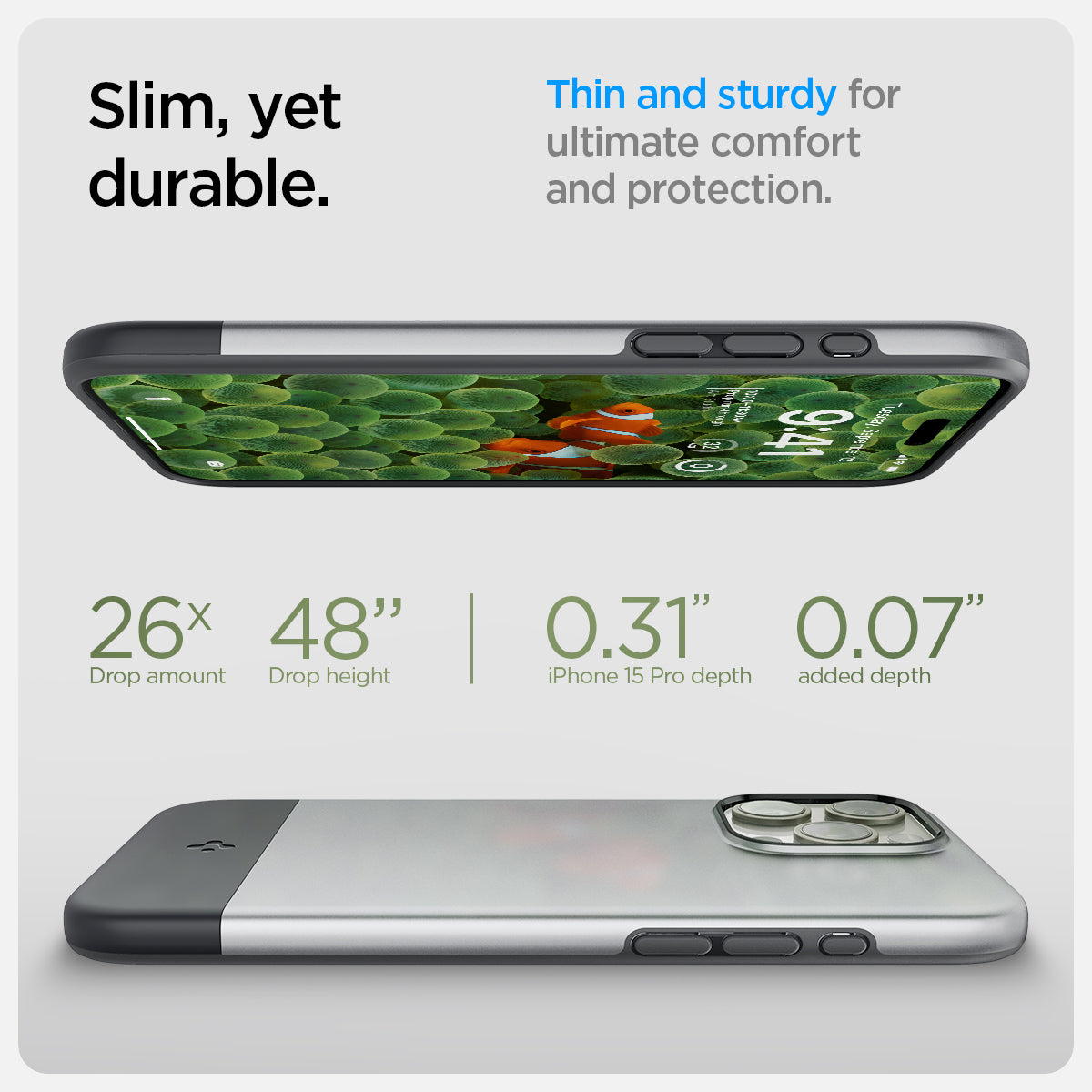 ACS06748 - iPhone 15 Pro Case Style Armor (MagFit) in classic silver slim, yet, durable. thin and sturdy for ultimate comfort and protection. 26x drop amount, 48" drop height, 0.31" iPhone pro max depth, 0.07" added depth.