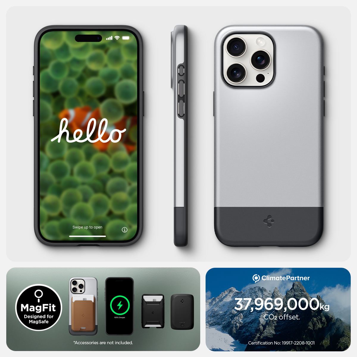 ACS06748 - iPhone 15 Pro Case Style Armor (MagFit) in classic silver hello swipe to open. Magfit designed for magsafe. accessories are not included.
