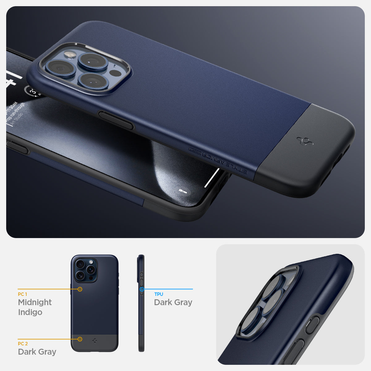 ACS06747 - iPhone 15 Pro Case Style Armor (MagFit) in midnight indigo PC 1 midnight indigo, PC 2 dark gray, TPU dark gray.