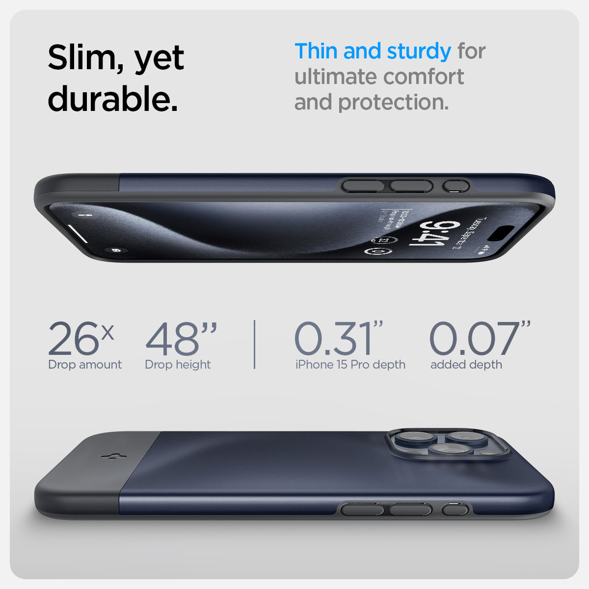 ACS06747 - iPhone 15 Pro Case Style Armor (MagFit) in midnight indigo slim, yet, durable. thin and sturdy for ultimate comfort and protection. 26x drop amount, 48" drop height, 0.31" iPhone pro max depth, 0.07" added depth.