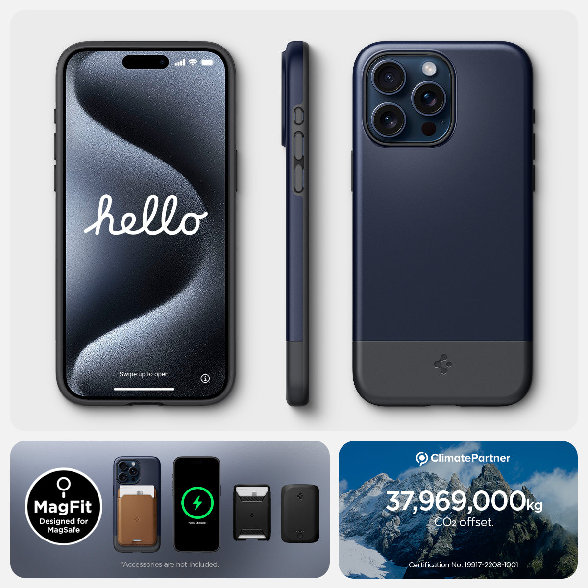 ACS06747 - iPhone 15 Pro Case Style Armor (MagFit) in midnight indigo hello swipe to open. Magfit designed for magsafe. accessories are not included.