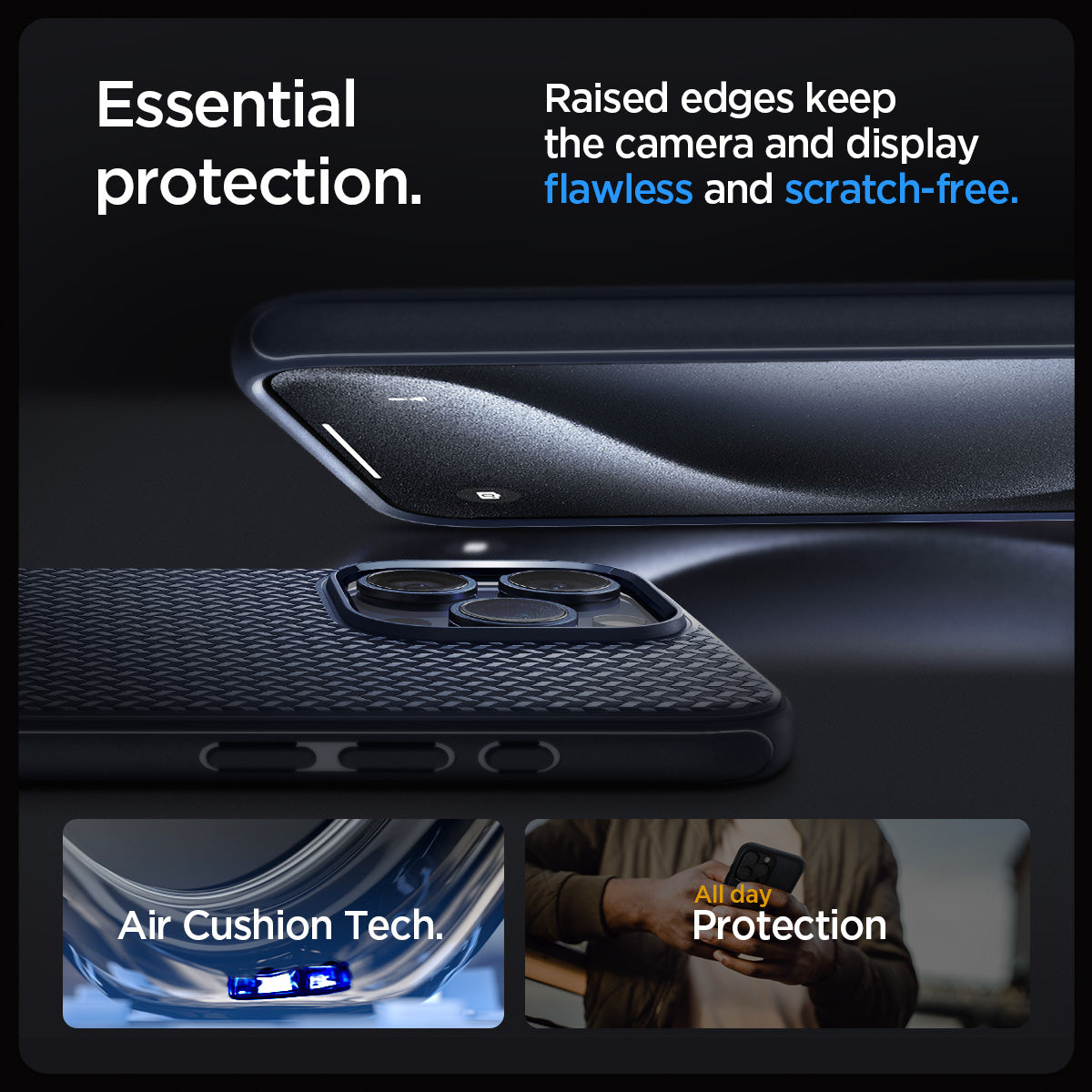 ACS06598 - iPhone 15 Pro Max Case Mag Armor (MagFit) in navy blue essential protection. raised edges keep the camera and display flawless and scratch free. Air cushion tech. All day protection.