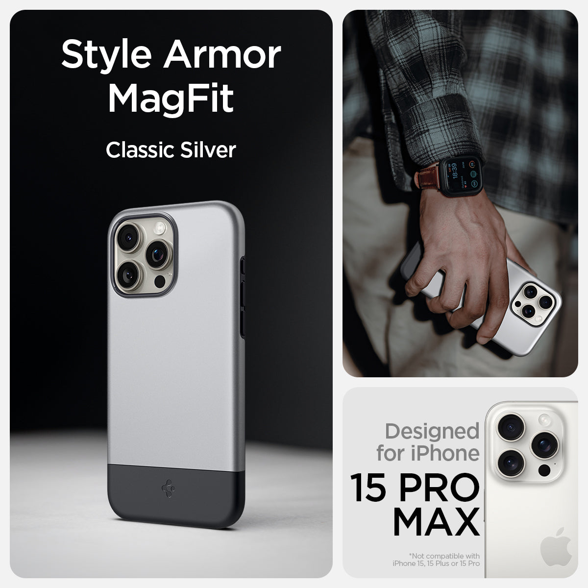 ACS06613 - iPhone 15 Pro Max Case Style Armor (MagFit) in classic silver style armor magfit. rose gold. Designed for iPhone 15 pro max.