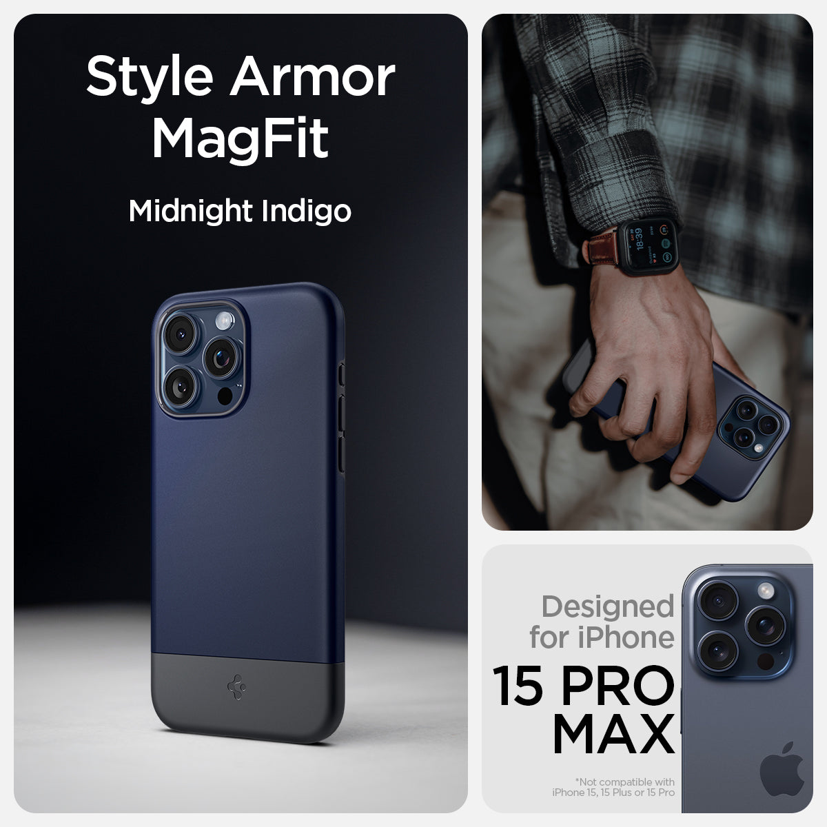 ACS06612 - iPhone 15 Pro Max Case Style Armor (MagFit) in midnight indigo style armor magfit. rose gold. Designed for iPhone 15 pro max.