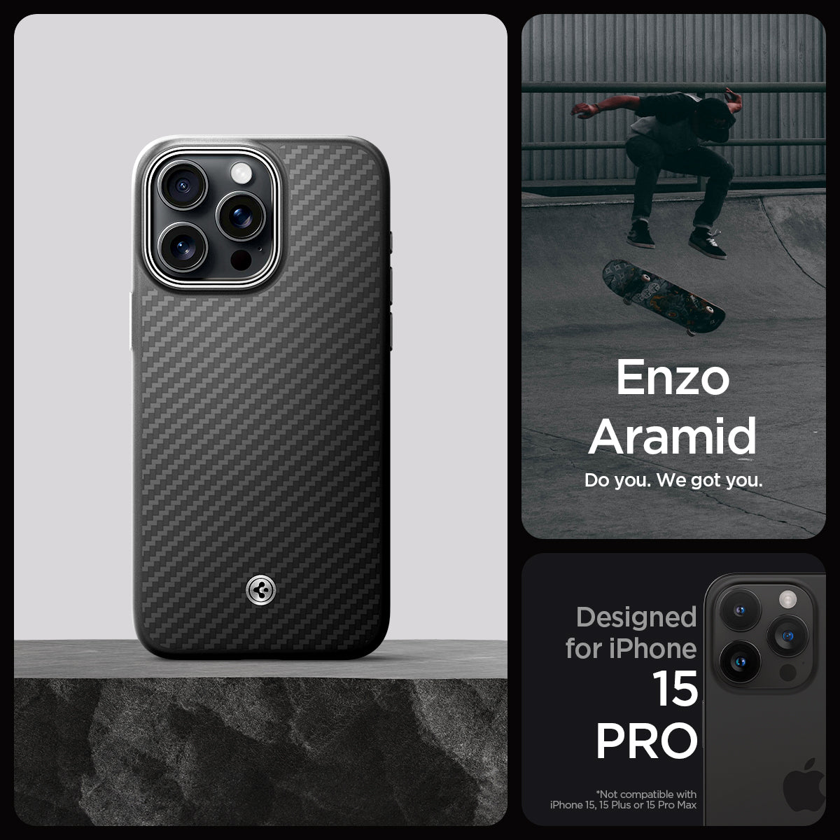 ACS07045 - iPhone 15 Pro Case Enzo Aramid (MagFit) in matte black designed for iPhone 15 pro. Enzo aramid. do you. we got you