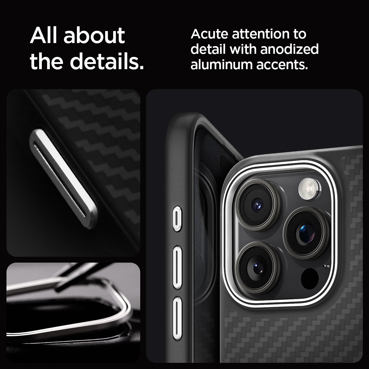 ACS07045 - iPhone 15 Pro Case Enzo Aramid (MagFit) in matte black  all about the details. acute attention to detail with anodized aluminum accents.
