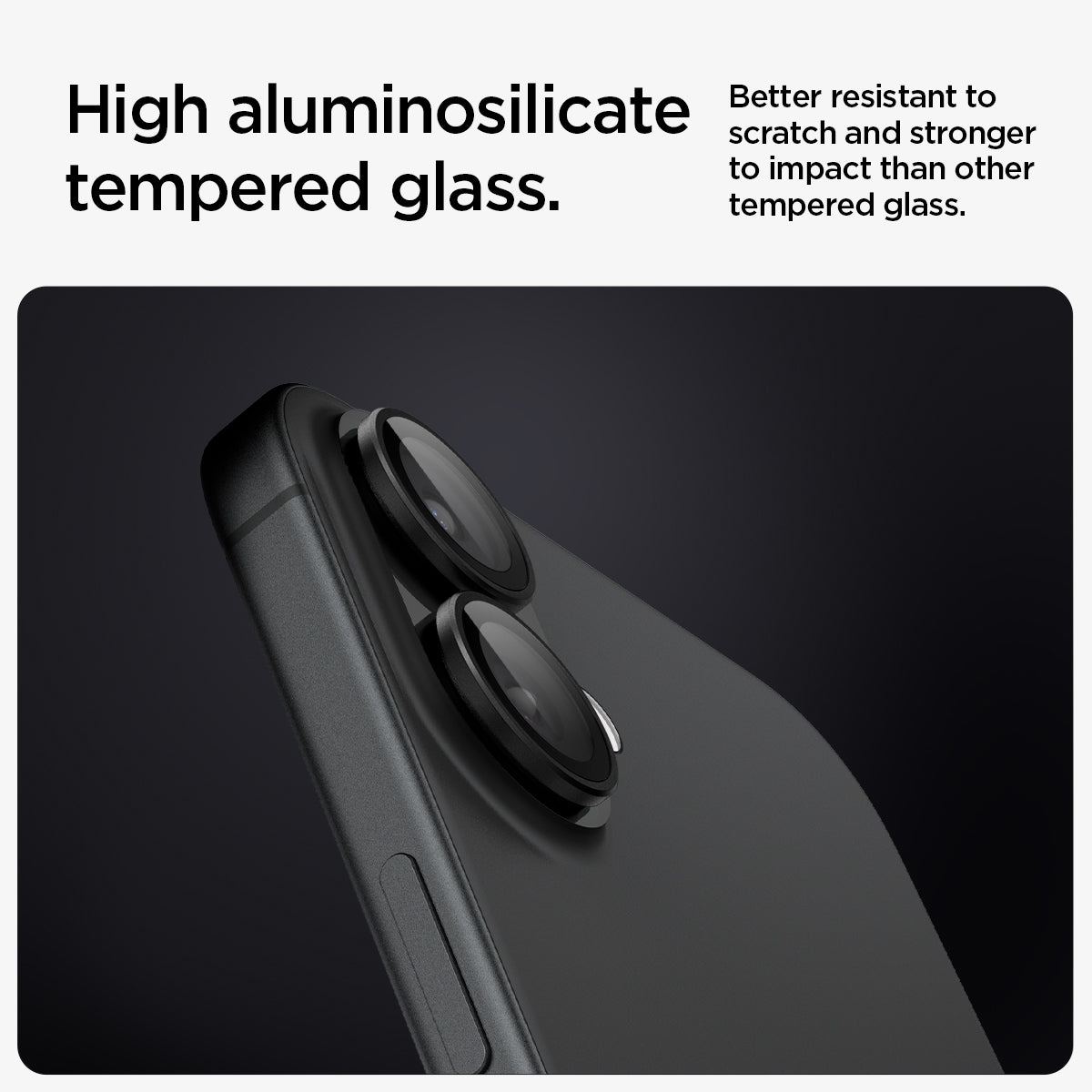 AGL07921 - iPhone 16 Plus / iPhone 16 Optik Pro EZ Fit Lens Protector in Black showing the high aluminosilicate tempered glass. Better resistant to scratch and stronger to impact than other tempered glass