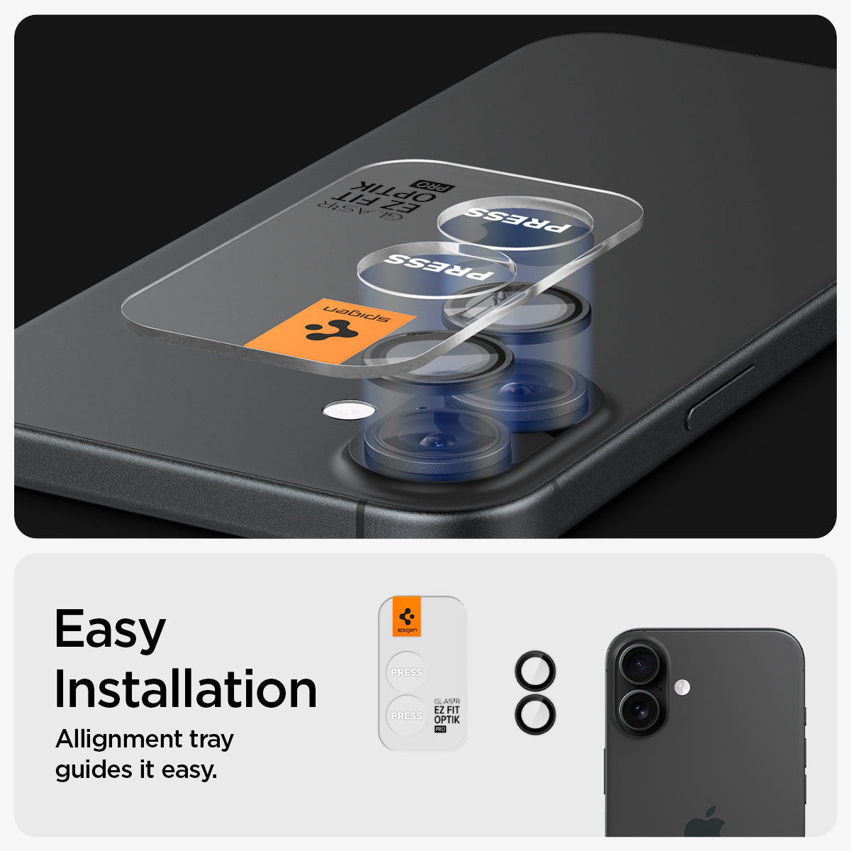 AGL07921 - iPhone 16 Plus / iPhone 16 Optik Pro EZ Fit Lens Protector in Black showing the easy installation. Alignment tray guides it easy