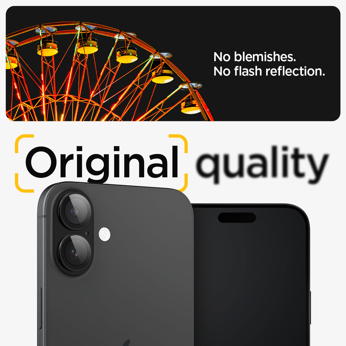 AGL07921 - iPhone 16 Plus / iPhone 16 Optik Pro EZ Fit Lens Protector in Black showing the no blemishes, no flash reflection