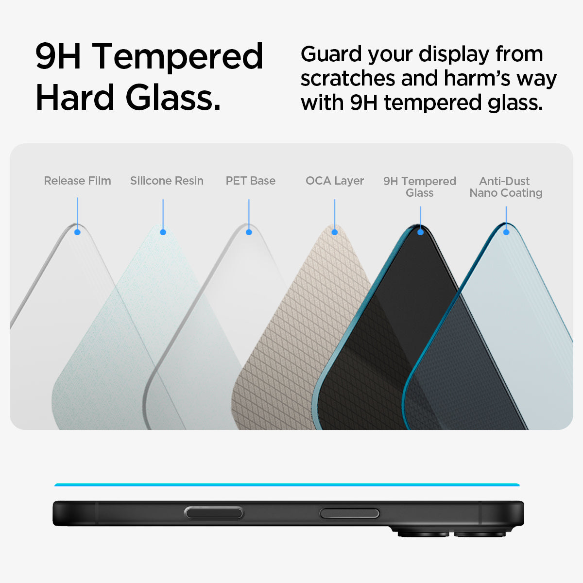 AGL06905 - iPhone 16 GLAS.tR EZ Fit Privacy showing the 9H Tempered Hard Glass. Guard your display from scratches and harm's way with 9H tempered glass. Layers of parts of the glass