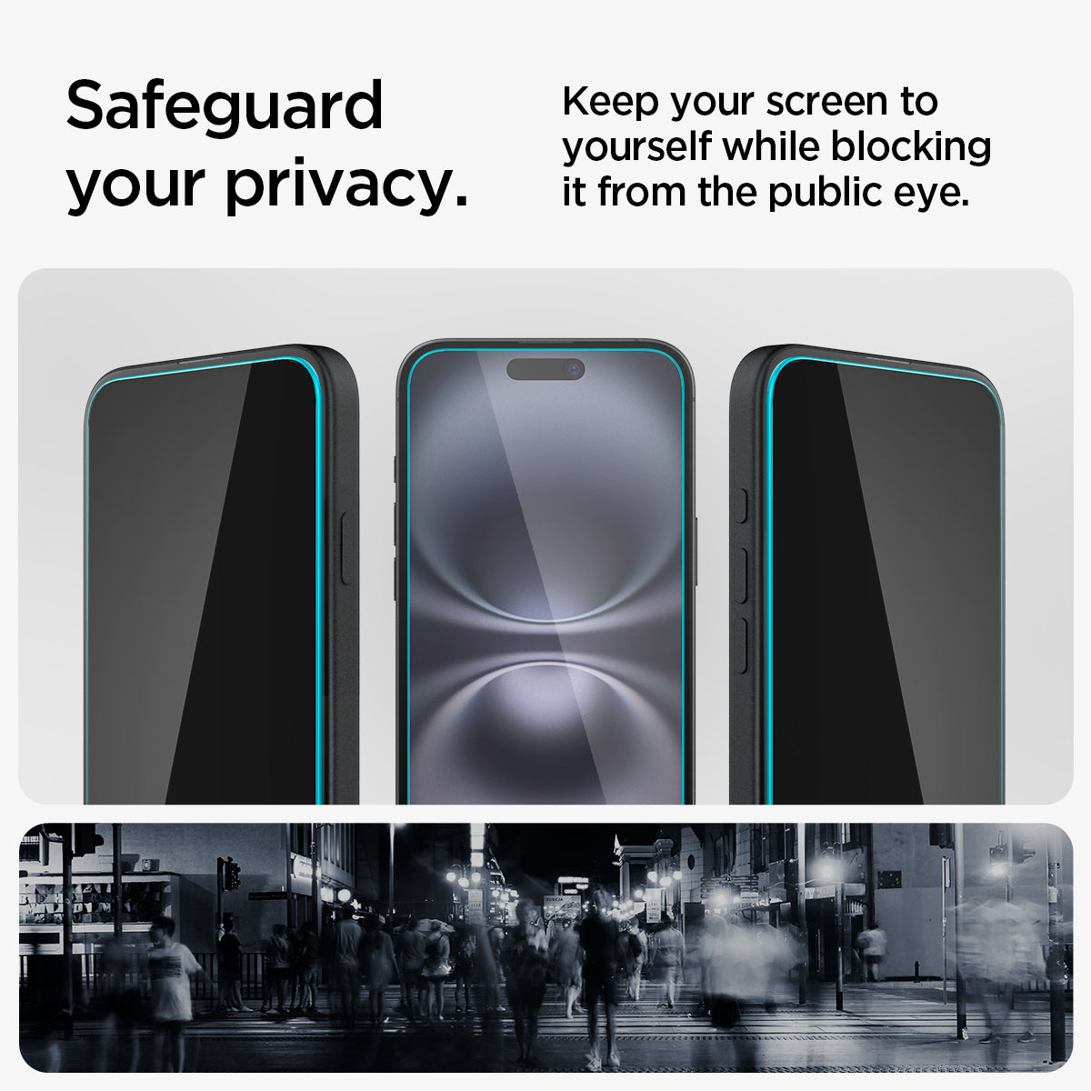 AGL06905 - iPhone 16 GLAS.tR EZ Fit Privacy showing how to safeguard your privacy. Keep you screen to yourself while blocking it from the public eye