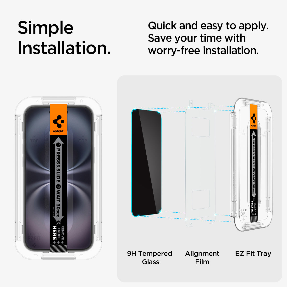 AGL06905 - iPhone 16 GLAS.tR EZ Fit Privacy showing the simple installation. Quick and easy to apply. Save your time with worry-free installation. 9H Tempered Glass, Alignment Film and EZ Fit Tray