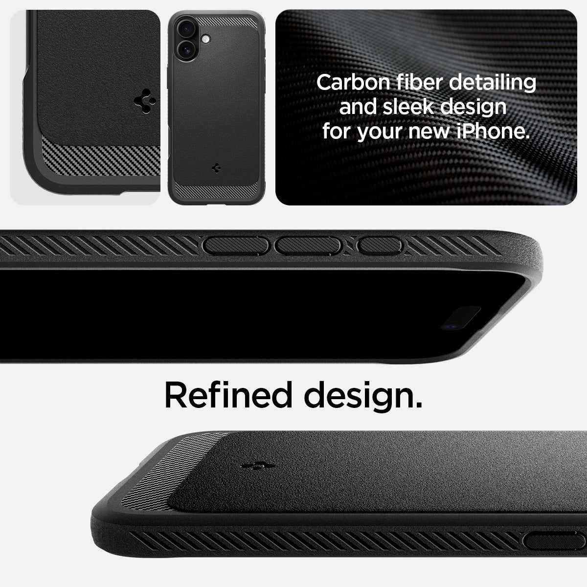 ACS08087 - iPhone 16 Plus Case Rugged Armor (MagFit) in Matte Black showing the carbon fiber detailing and sleek design for your new iPhone. Refined design