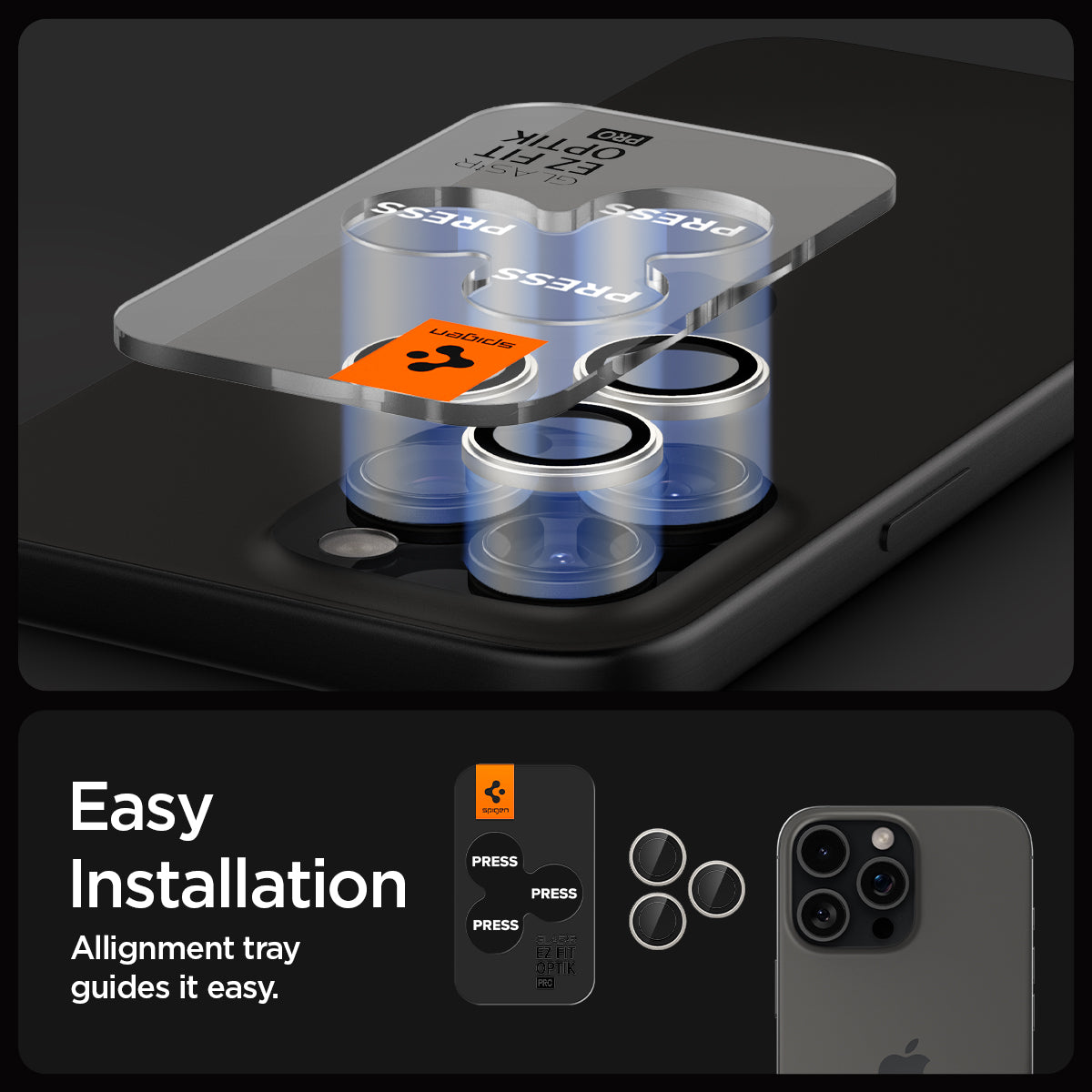 AGL08863 - iPhone 16 Pro Max / iPhone 16 Pro Optik Pro EZ Fit Lens Protector in Bright Silver showing the easy installation. Alignment tray guides it easy