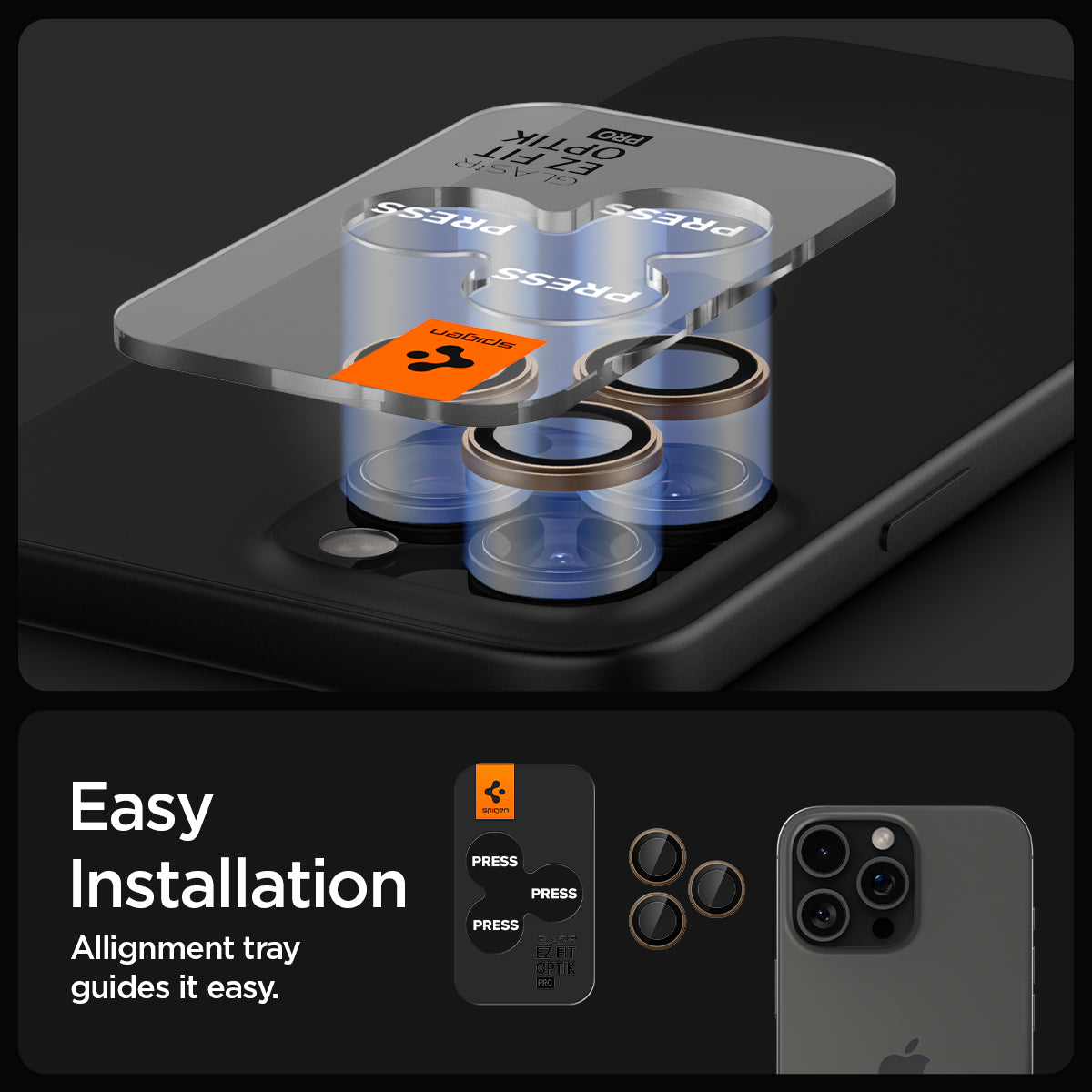 AGL08862 - iPhone 16 Pro Max Optik Pro EZ Fit Lens Protector in Desert Titanium showing the easy installation. Alignment tray guides it easy