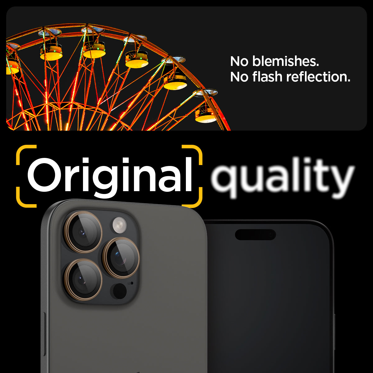 AGL08862 - iPhone 16 Pro Max Optik Pro EZ Fit Lens Protector in Desert Titanium showing the no blemishes, no flash reflection