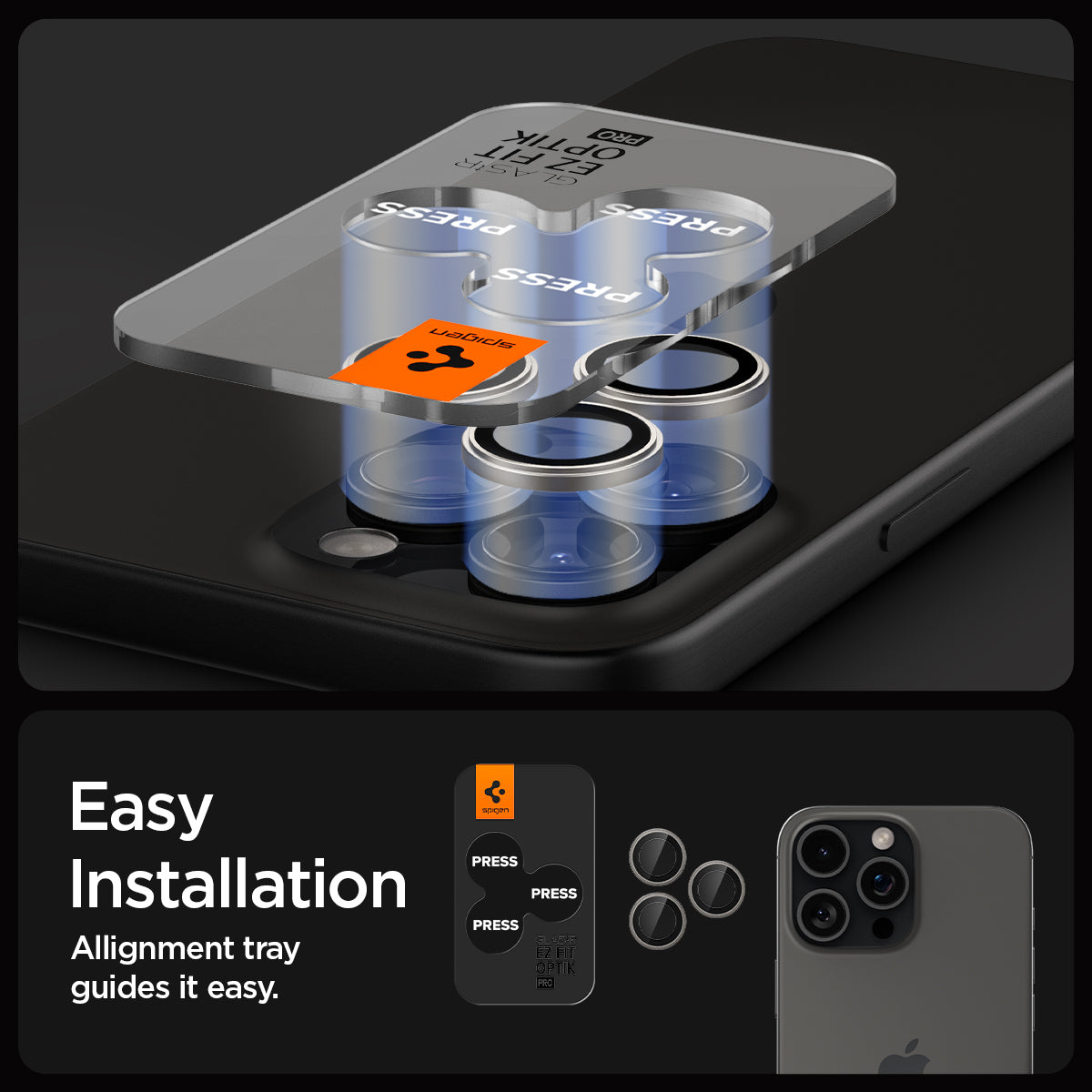 AGL08864 - iPhone 16 Pro Max / iPhone 16 Pro Optik Pro EZ Fit Lens Protector in Titanium showing the easy installation. Alignment tray guides it easy