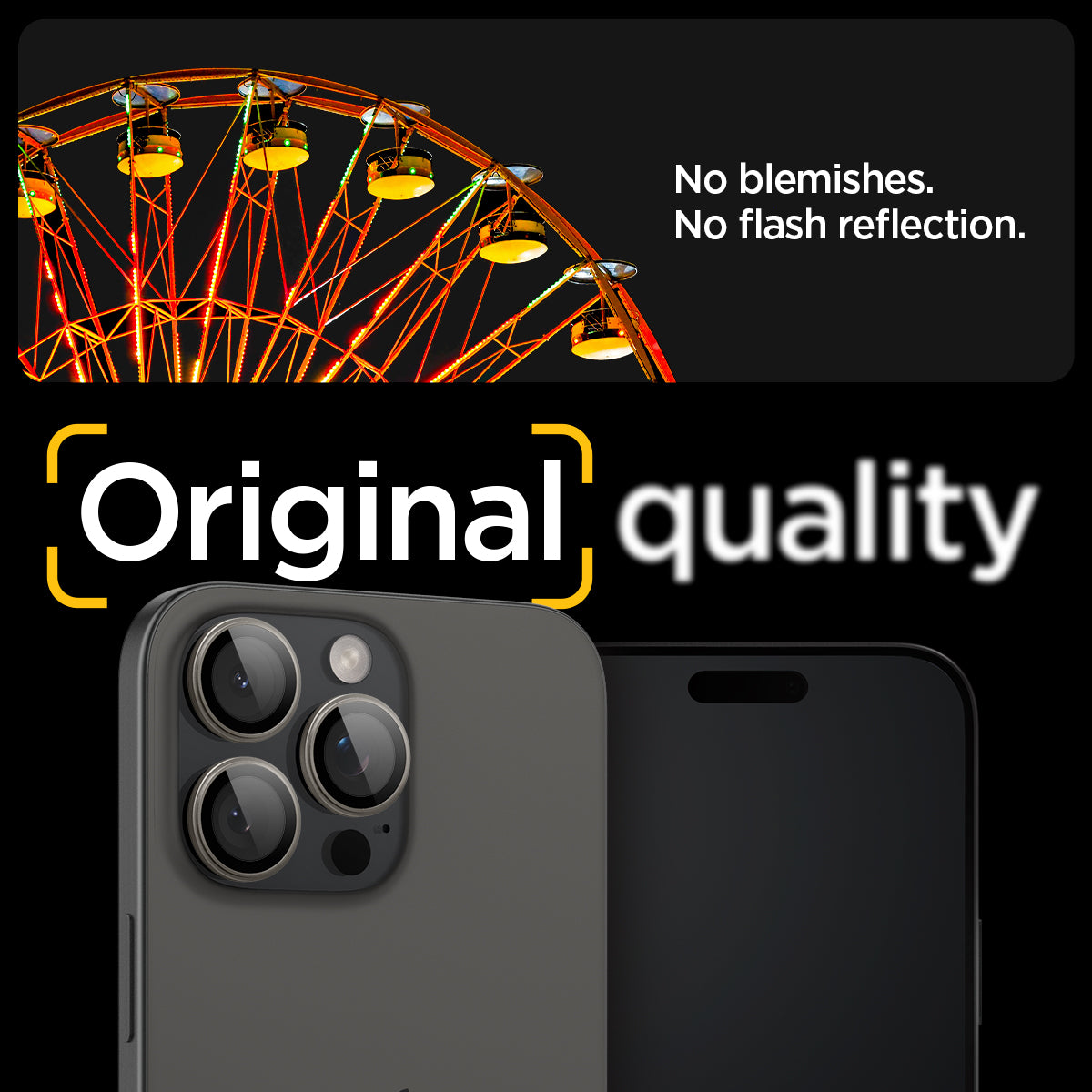 AGL08864 - iPhone 16 Pro Max / iPhone 16 Pro Optik Pro EZ Fit Lens Protector in Titanium showing the no blemishes, no flash reflection