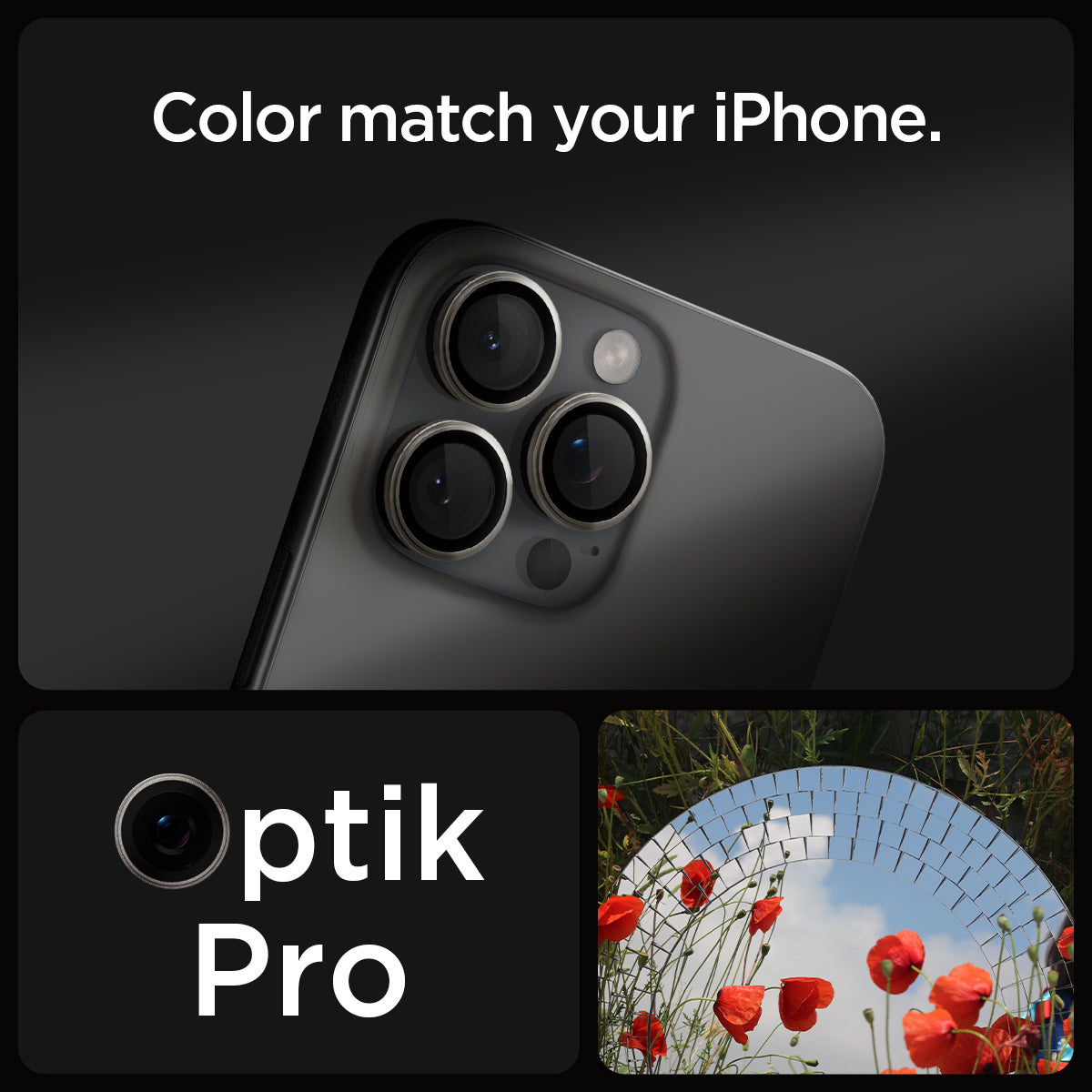 AGL08864 - iPhone 16 Pro Max / iPhone 16 Pro Optik Pro EZ Fit Lens Protector in Titanium showing the partial back camera zoomed in