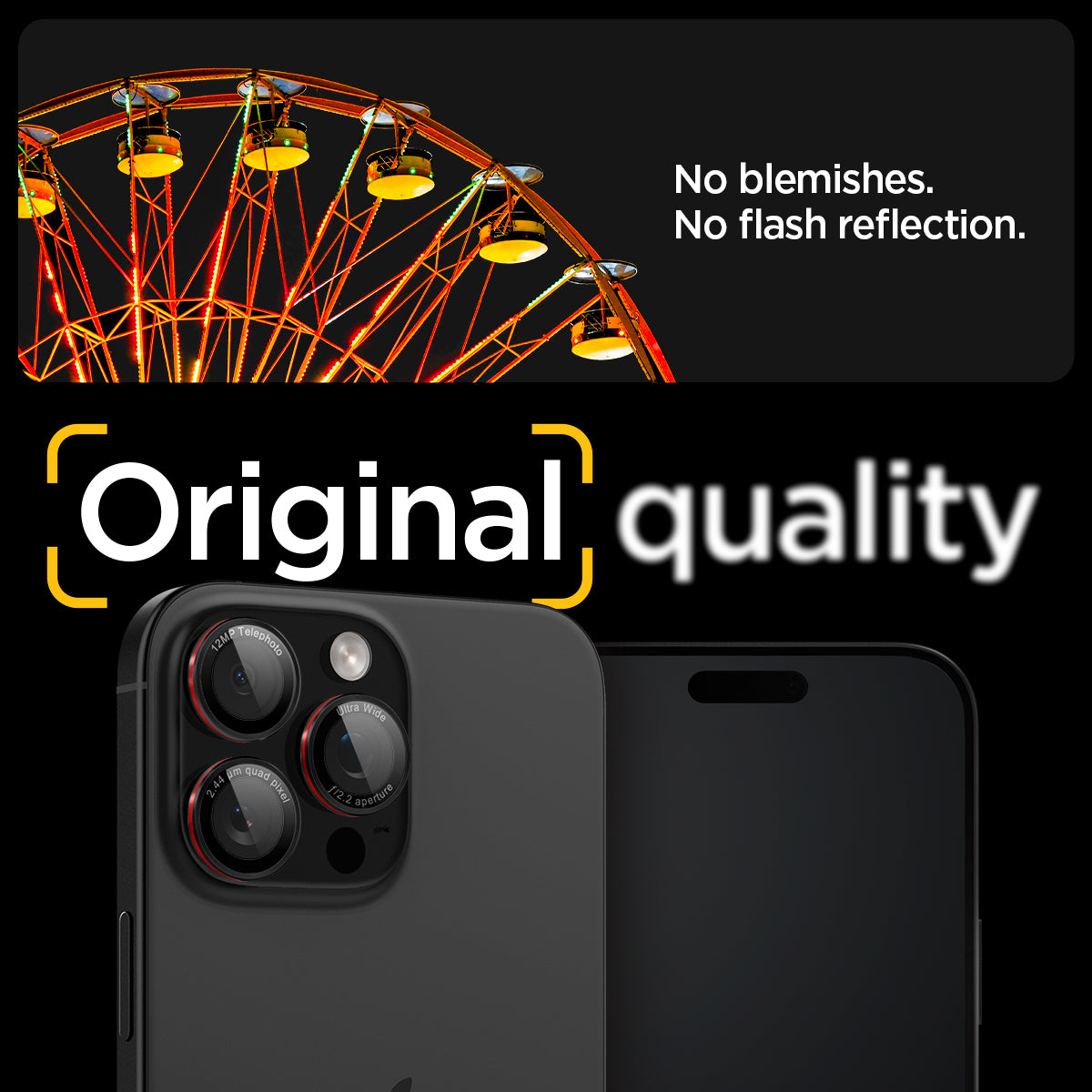 AGL05217 - iPhone 16 Pro / 16 Pro Max Optik Pro Lens Protector L-series showing the no blemishes, no flash reflection