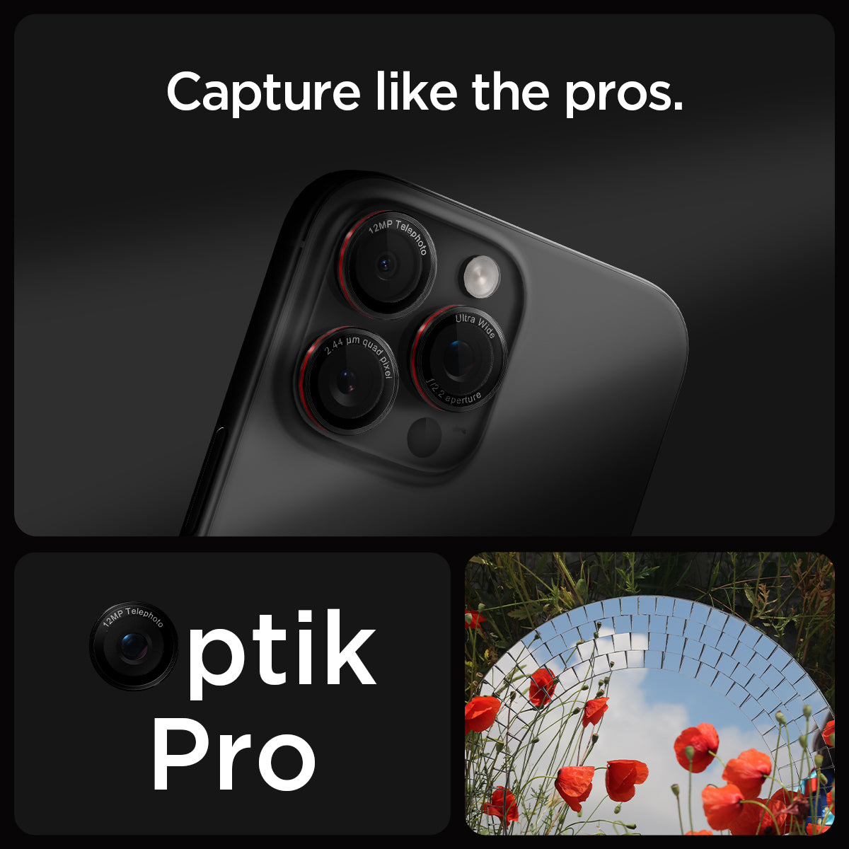AGL05217 - iPhone 16 Pro / 16 Pro Max Optik Pro Lens Protector L-series showing the partial back camera zoomed in